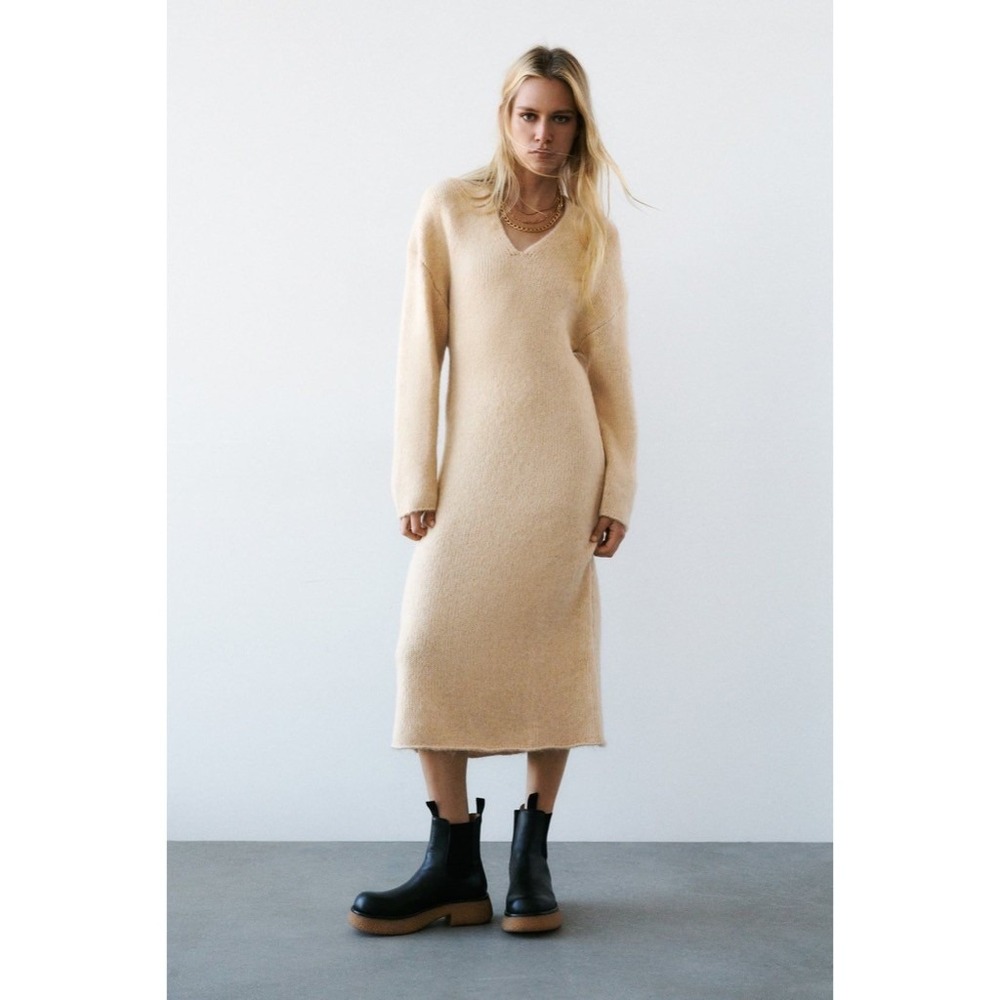 ZARA Alpaca Knit Midi Dress Light Tan Sand Coastal‎ Blogger Favorite Medium